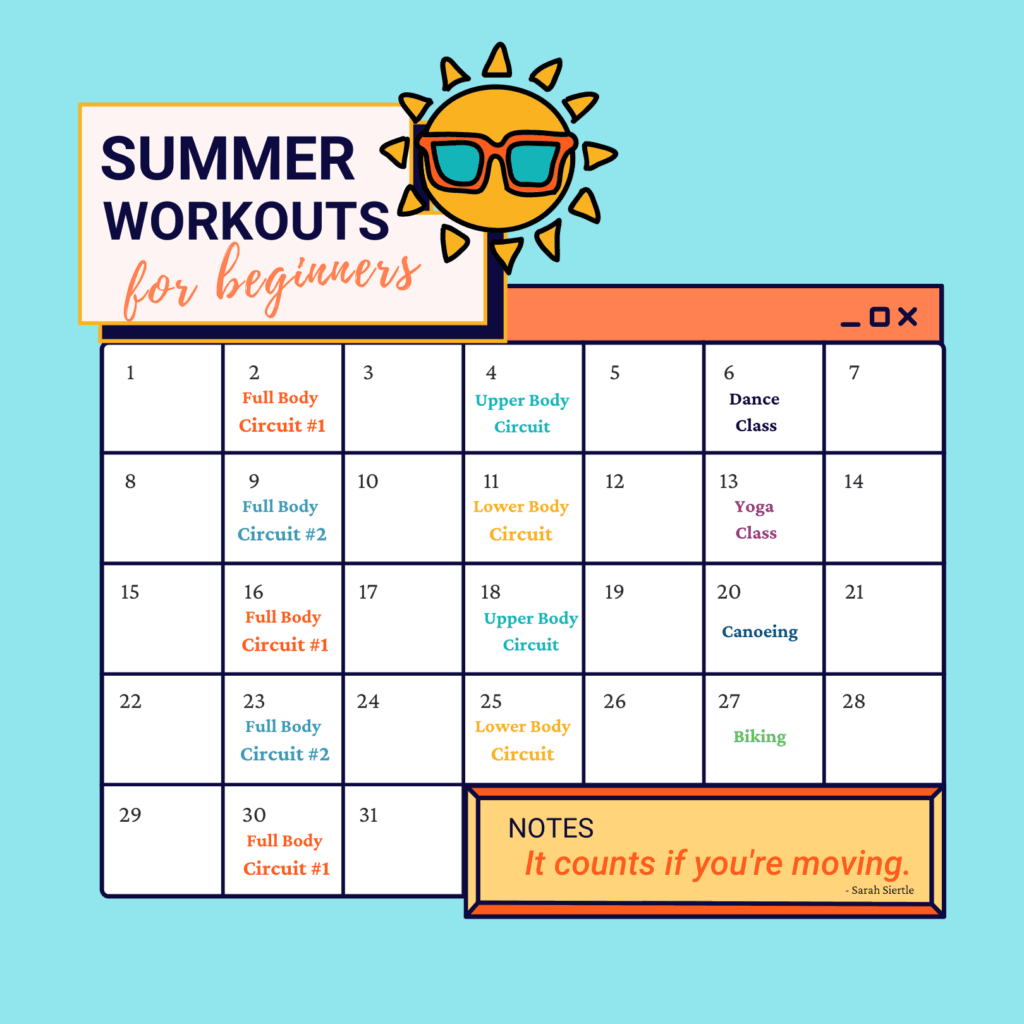 Summer calendar with workout routines for beginners at home listing circuits and exercises for summer on specific days.