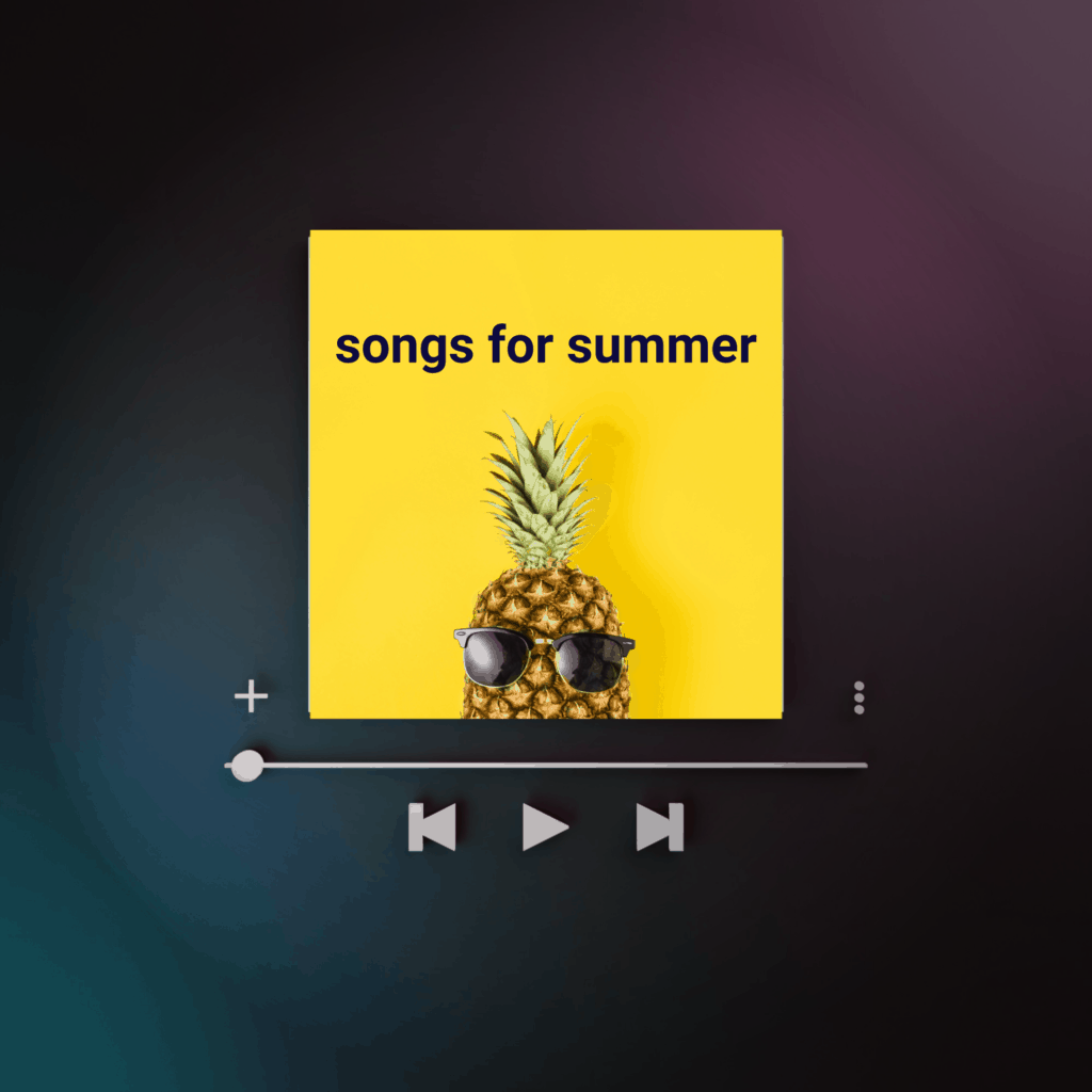 Music player interface, showing a yellow pineapple summer 2022 workout playlist to be used for a summer workout routine schedule.