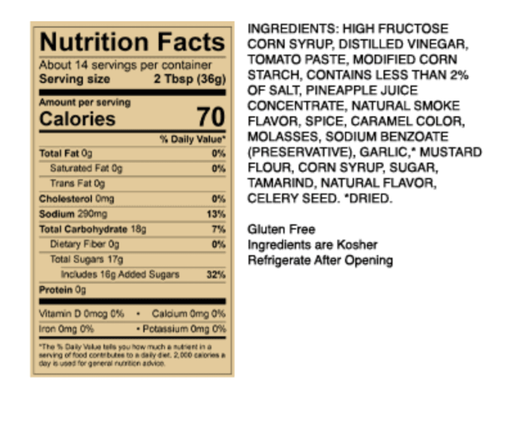 Nutritional Label For Kansas City Styles Sweet Baby Ray’s Original BBQ Sauce