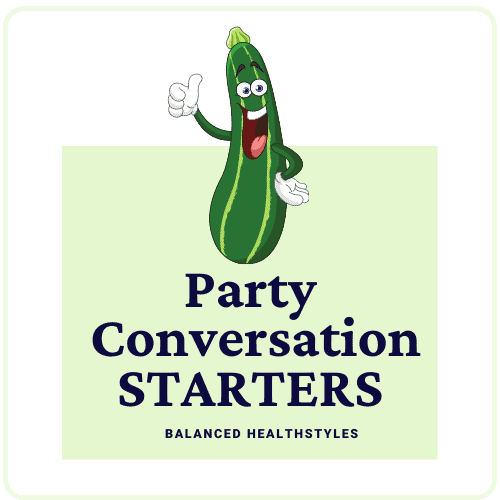 Cartoon smiling zucchini that is used as an icon for mealtime conversation starters at a party