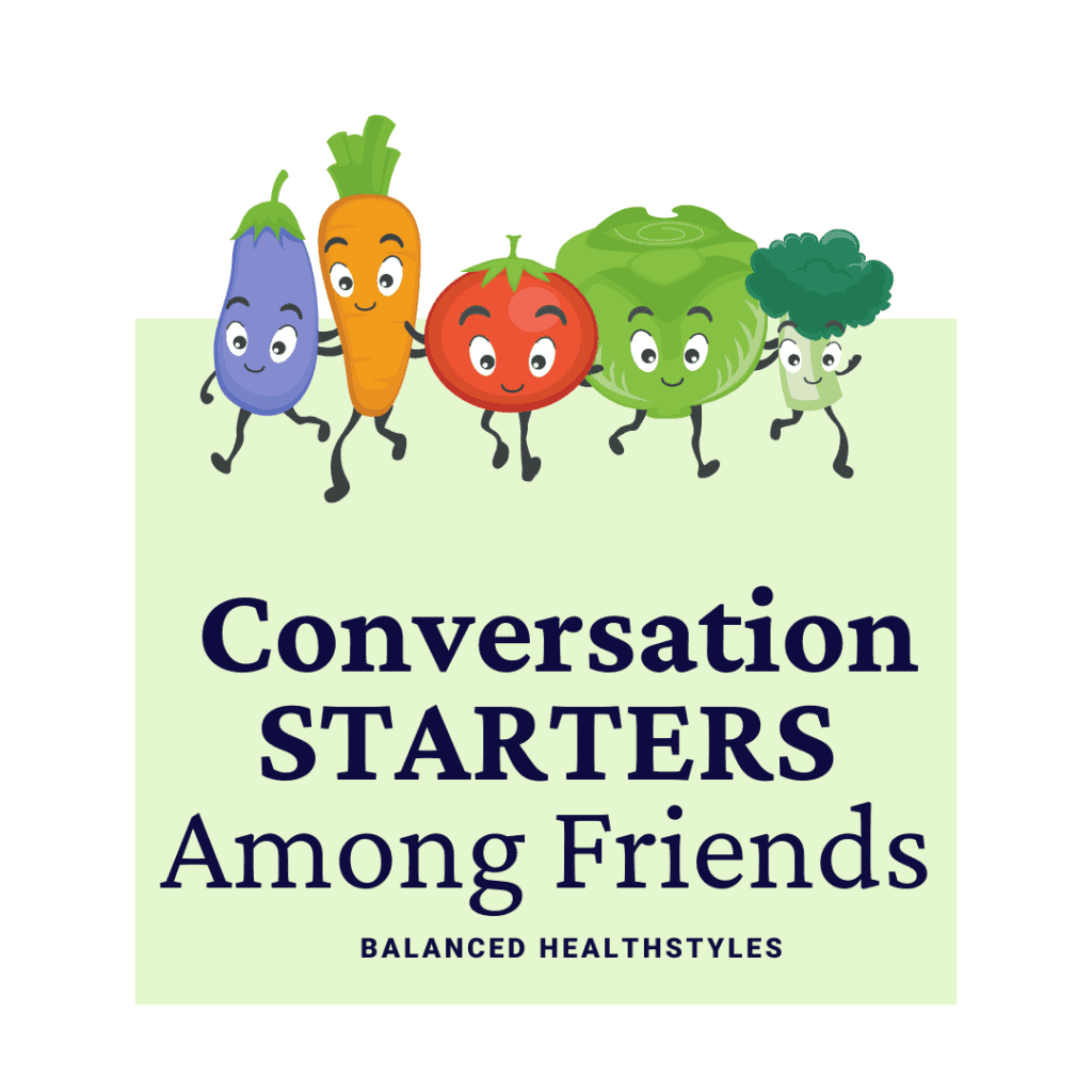 Five smiling cartoon vegetables used as an icon for conversation topics for friends.
