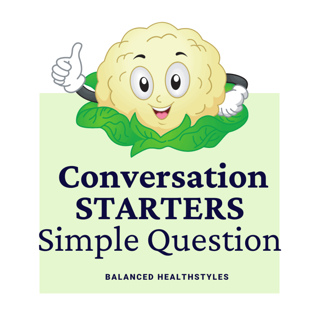 Cartoon image of a smiling cauliflower head used as an icon for conversation starters questions to be asked at mealtime.