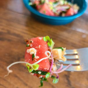 The perfect bite of watermelon radish sprout salad