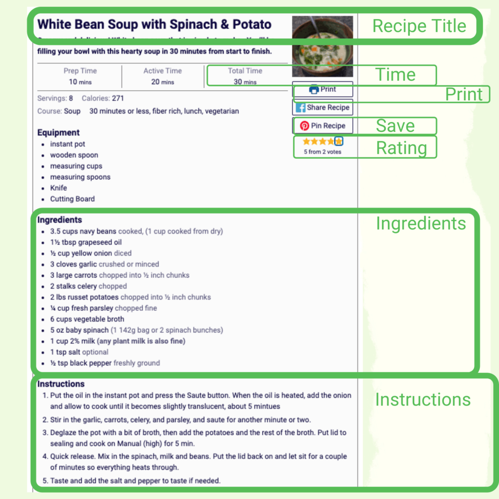 Recipe title, time, print, save, rating, ingredients and instructions highlighted making meal planning for dinner much easier.