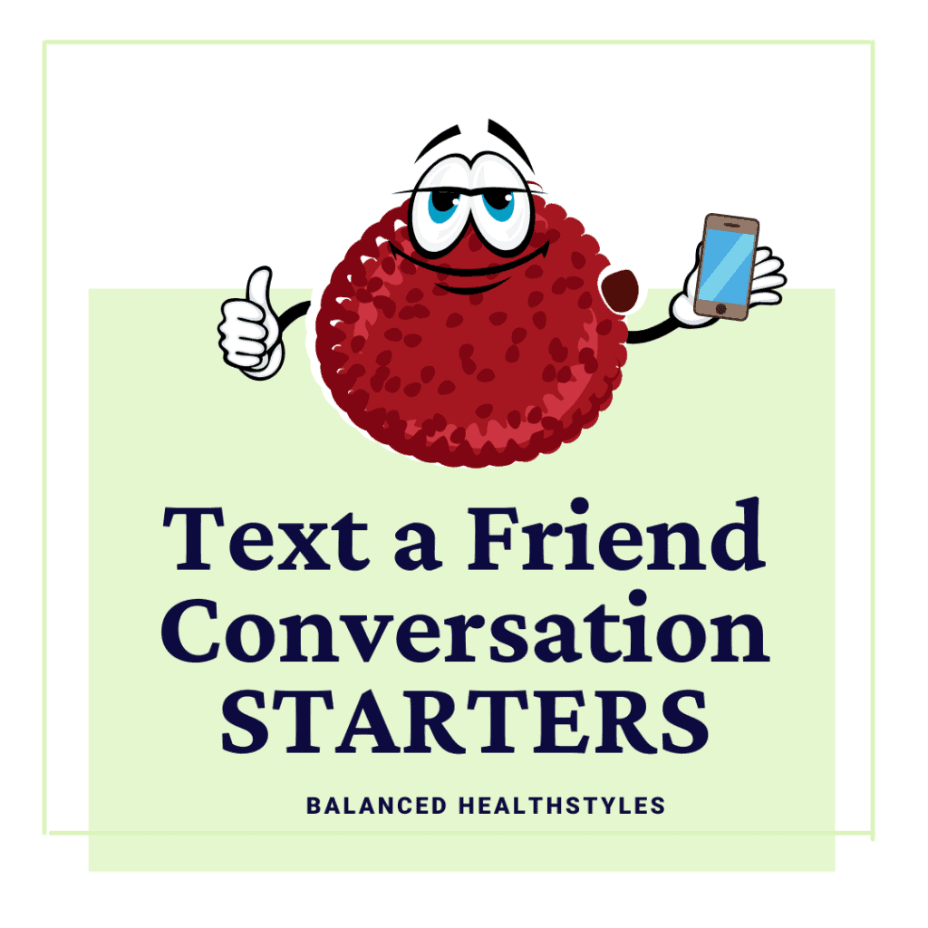 Cartoon fruit with a phone in hand used as an icon for conversation starters by text.
