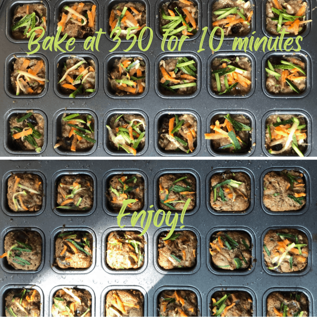 Mini muffin tin full of unbaked healthy zucchini muffins with shredded carrots and zucchini on top.