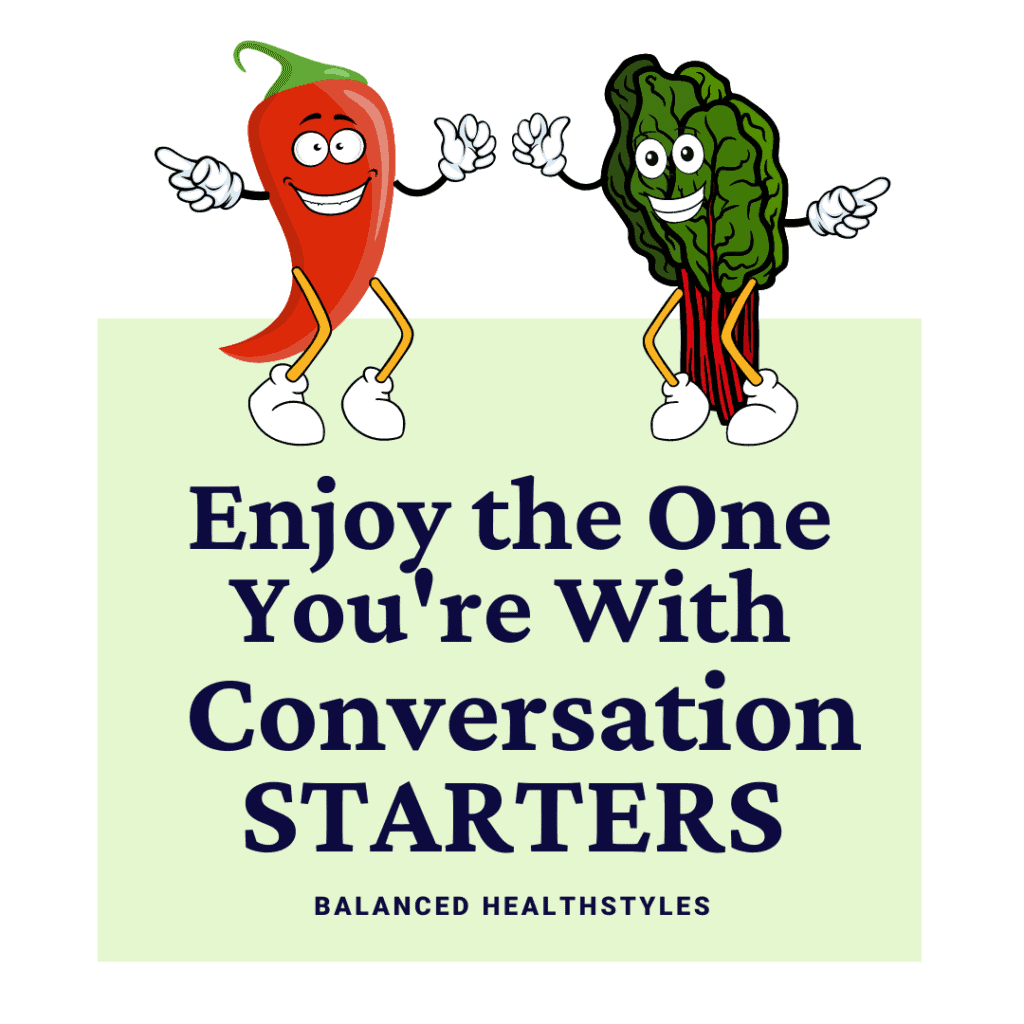 Cartoon dancing hot pepper and swiss chard used as an icon for mealtime conversation starters about enjoying who you're with