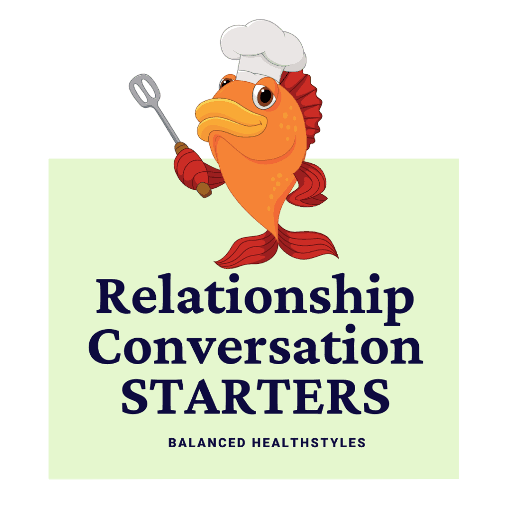 Cartoon cooking fish with chef hat that is used as an icon for mealtime conversation starters about relationships.