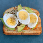 Ideas for Avocado Toast with Egg, layer with Romesco sauce and microgreens for a healthy breakfast
