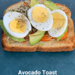 Avocado Toast with Egg, layered with Romesco sauce and microgreens