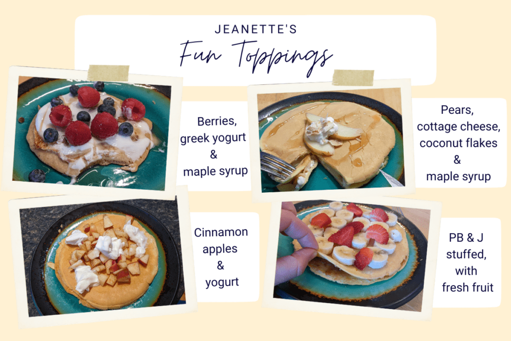 Fun topping ideas for high protein crepes include sweet fruits and berries with cottage cheese or a savory veggie scramble