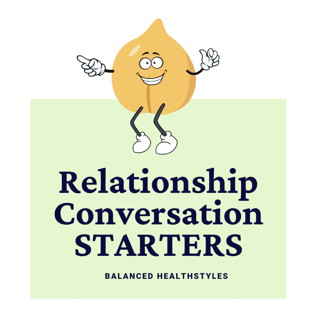 A cartoon chickpea used as an icon for relationship conversation starters questions.