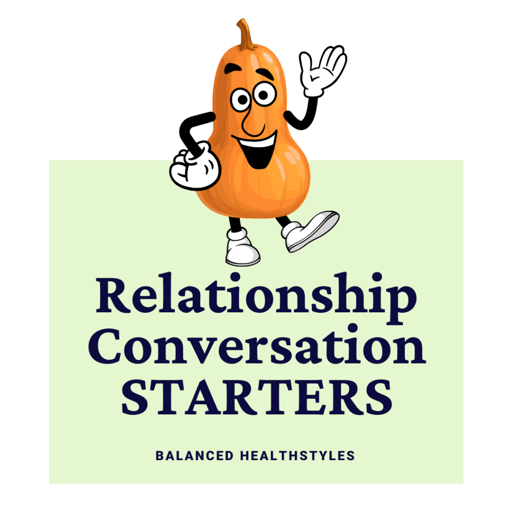 Cartoon listening butternut squash that is used as an icon for mealtime conversation starters about relationships.