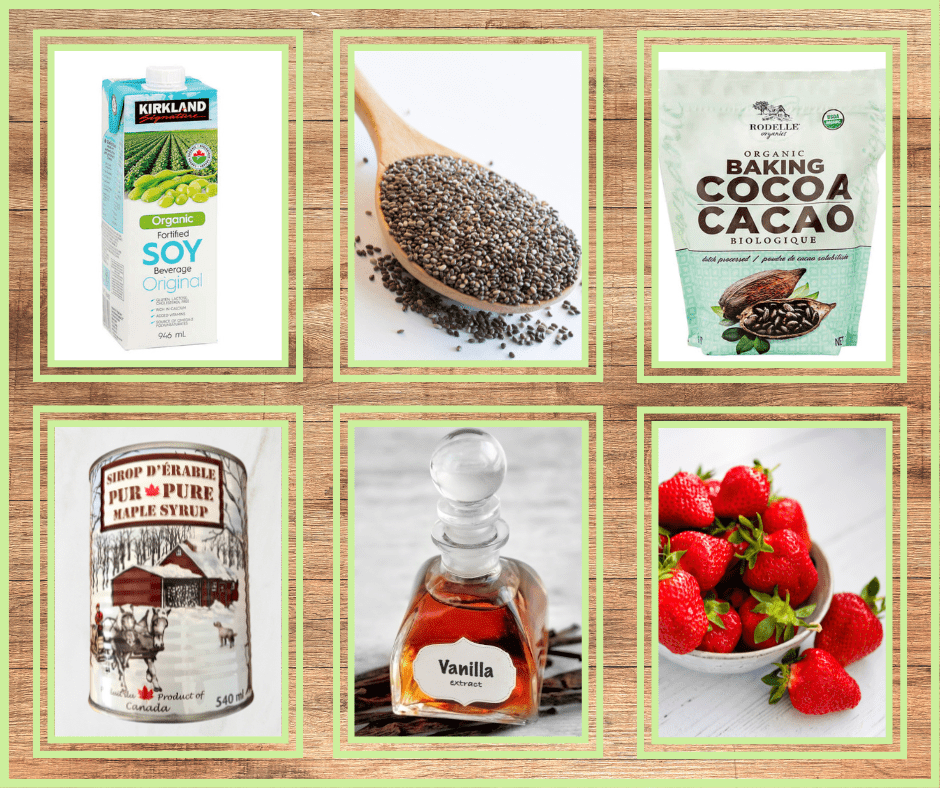 Ingredients for chia pudding - chocolate, strawberry, soymilk, vanilla, chia seeds. Variation: smooth chia pudding in blender