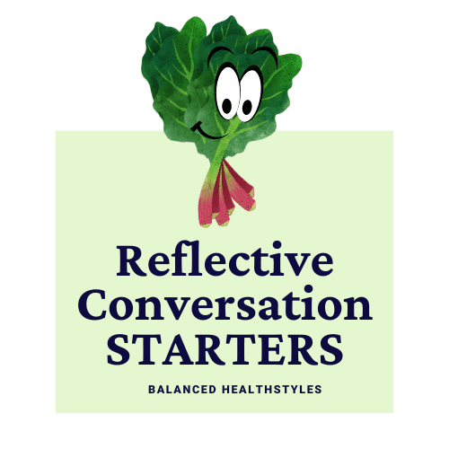 A cartoon rhubarb used as an icon for reflective mealtime conversation starters about treasured memories.