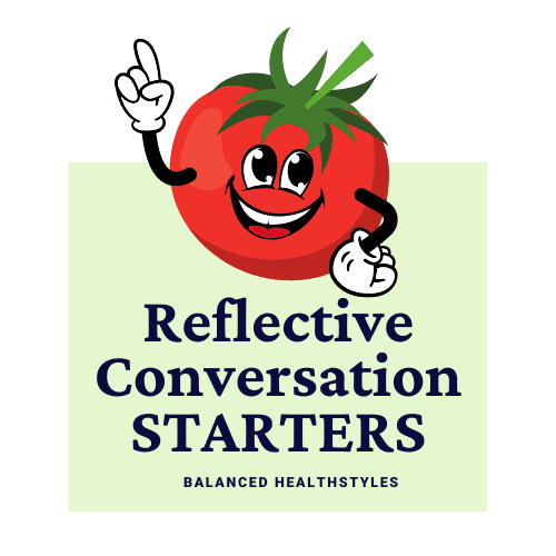 A cartoon tomato used as an icon for reflective mealtime conversation starters questions.