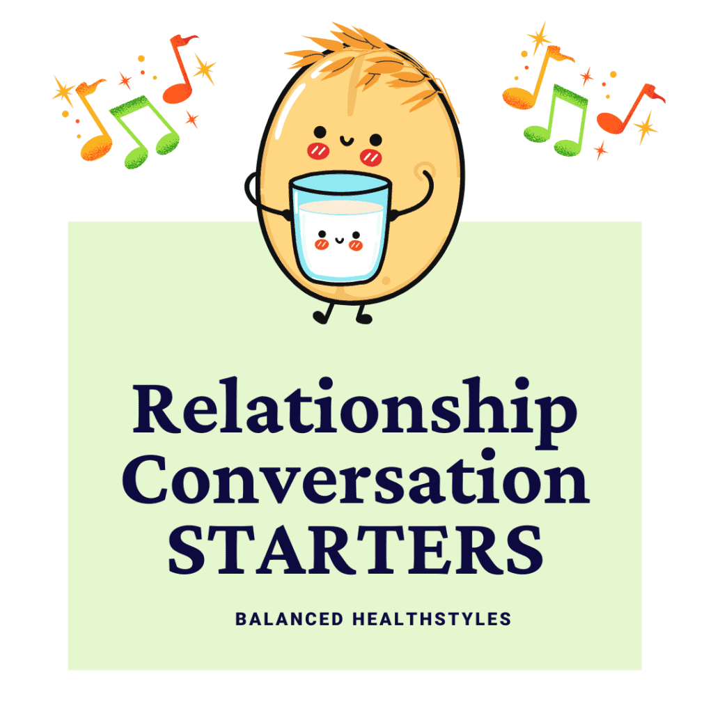 A singing oat groat with milk friend used as an icon for deep mealtime conversation starters questions about friendship.