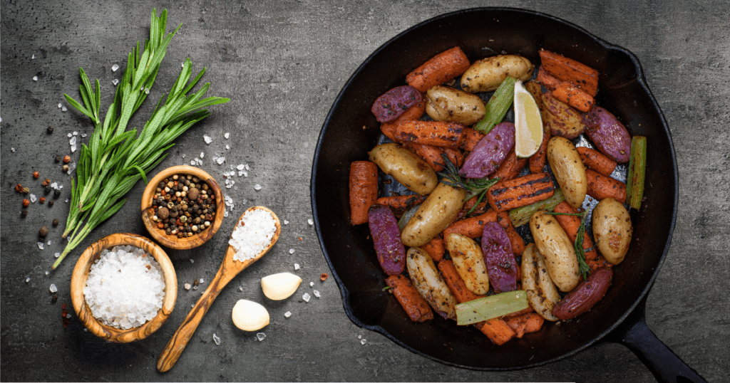Grill roasted vegetables in a cast iron skillet