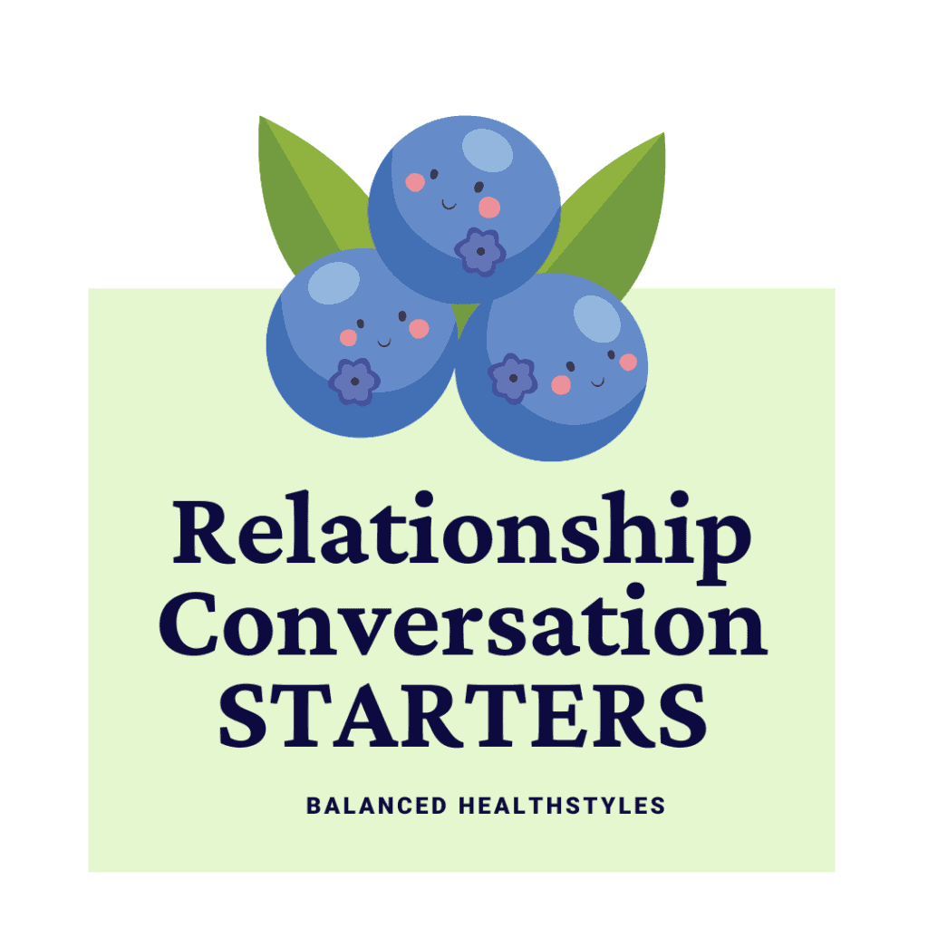 Cartoon blueberries used as an icon for relationship conversation starters over a dessert of individual blueberry crisps