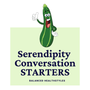 A delighted cartoon zucchini used as an icon for a mealtime conversation starter about serendipity.