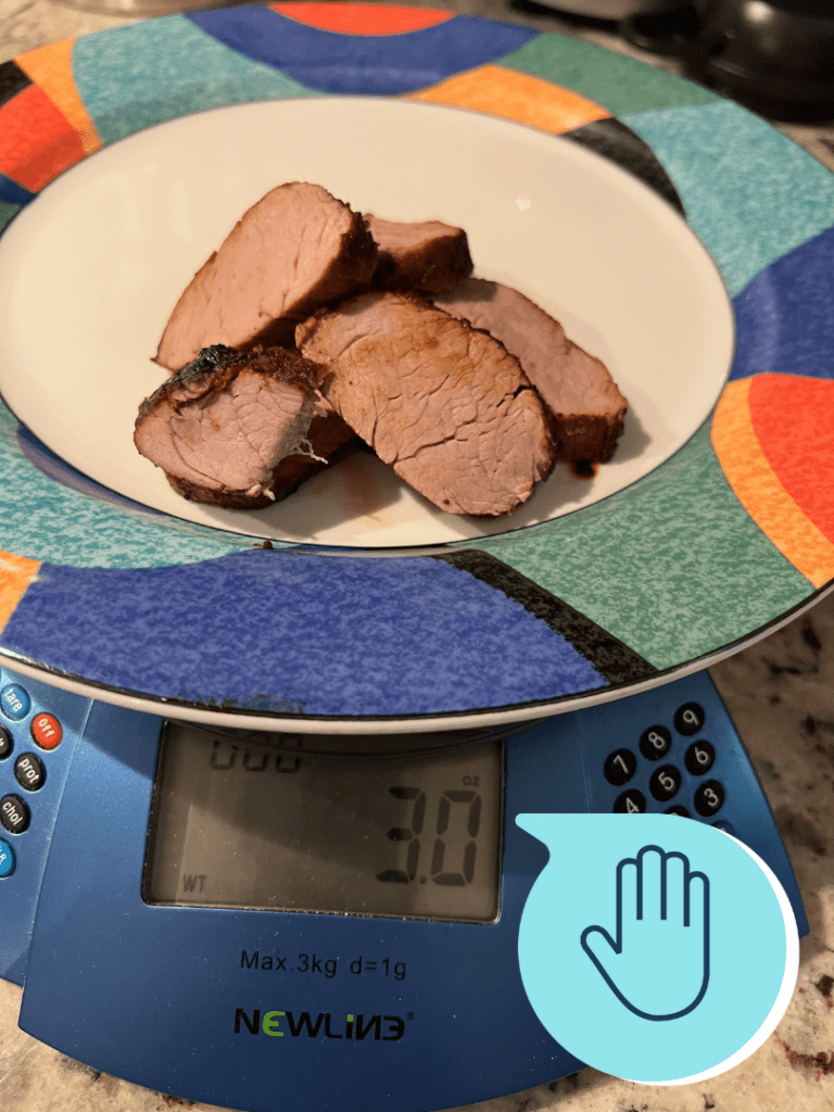 Palm size portion of protein from eat more protein in food list measured on a scale.