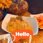 Spicy pumpkin humus recipe, with carrots and pita chips and veggie sticks