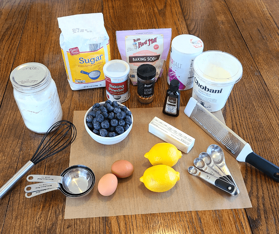 Ingredients for blueberry lemon pancake sheet pan recipe, including comments on nutmeg spice and lemon juice benefits