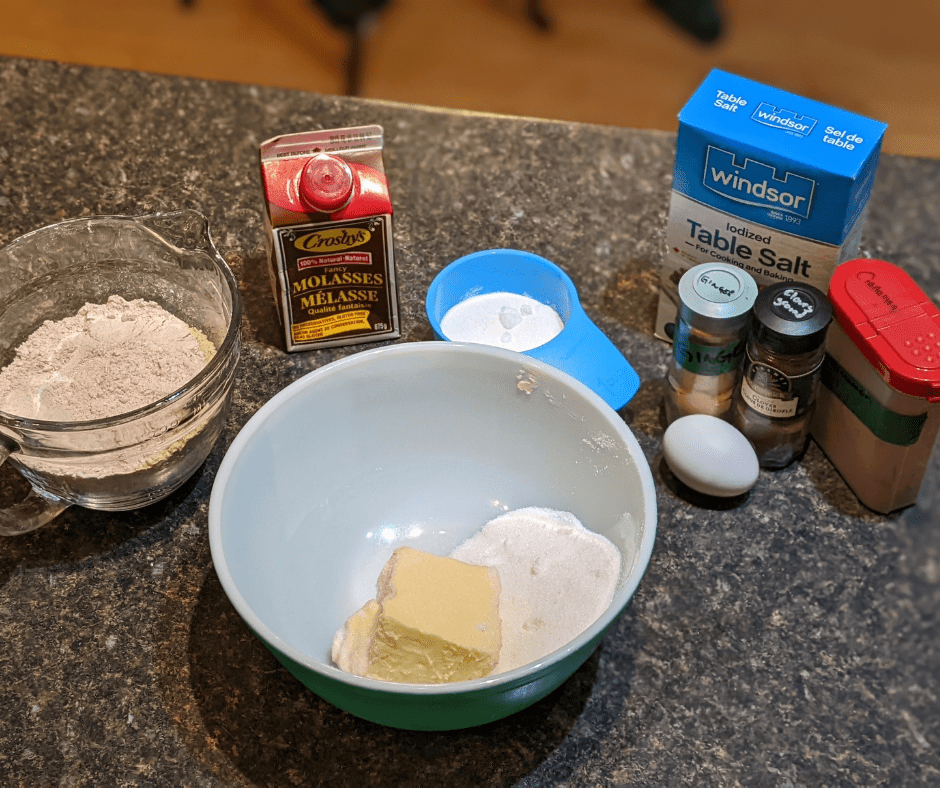 Recipe ingredients to make a molasses sugar cookie
