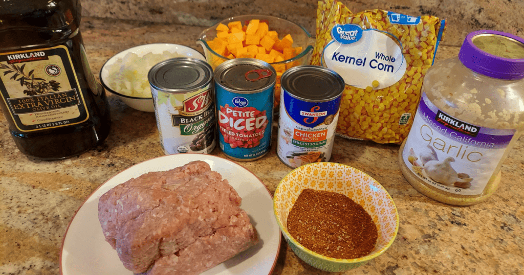Healthy ingredients for turkey sweet potato chili, made with ground turkey, sweet potatoes, and homemade chili seasoning