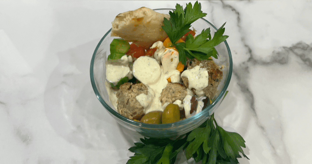 Healthy Greek ground turkey meatball protein bowl