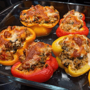 Saucy Bell Pepper Lasagna stuffed with chicken, spinach, quinoa and cheese