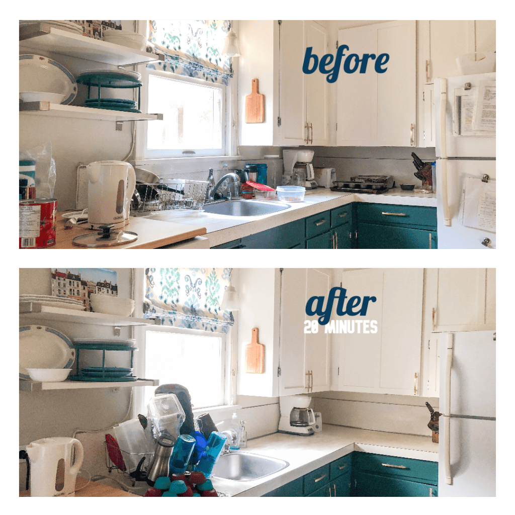 Before and after photos of a cluttered kitchen straightened using a 20 minute timer