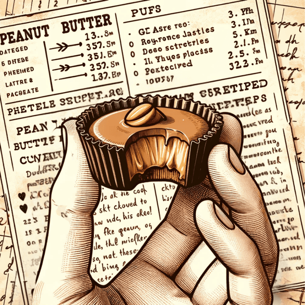 A homemade peanut butter cup with a bite out of it in front of a vintage recipe card with tips on how to make it healthier.
