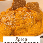 Great for a Halloween party! Flavored with fall in mind, sweetened with maple syrup. This spicy pumpkin hummus is the best.