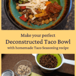 prepped ingredients for seasoned taco filling and finished taco bowl with taco bar toppings