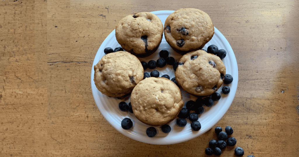 Five Oatmeal blueberry muffins on a plate surrounded by fresh blueberries. Ingredient substitutions make this a great recipe for healthy breakfast muffins.