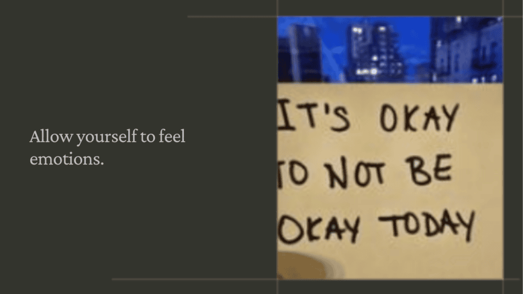 Handwritten permission slip with affirmations like “It’s okay to feel sad today” offering emotional self-care by normalizing grief when the holidays are hard