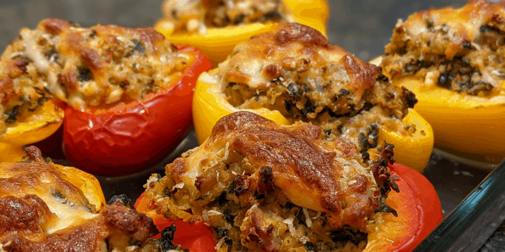 Colorful yellow and red stuffed peppers chicken lasagna cooling on the counter with a beautiful golden brown cheese crust.