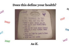 Numbers with question marks around a scale with words on it stating to be healthier the number isn’t a way to show progress.