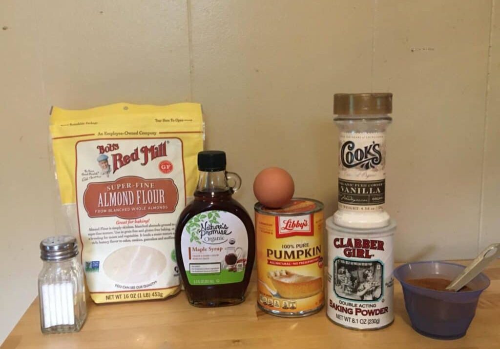 Ingredients for making microwave muffins in a mug. Features almond flour, gluten free