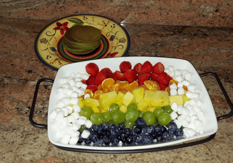 St Patrick’s day pancake and fruit tray make a healthy kids breakfast